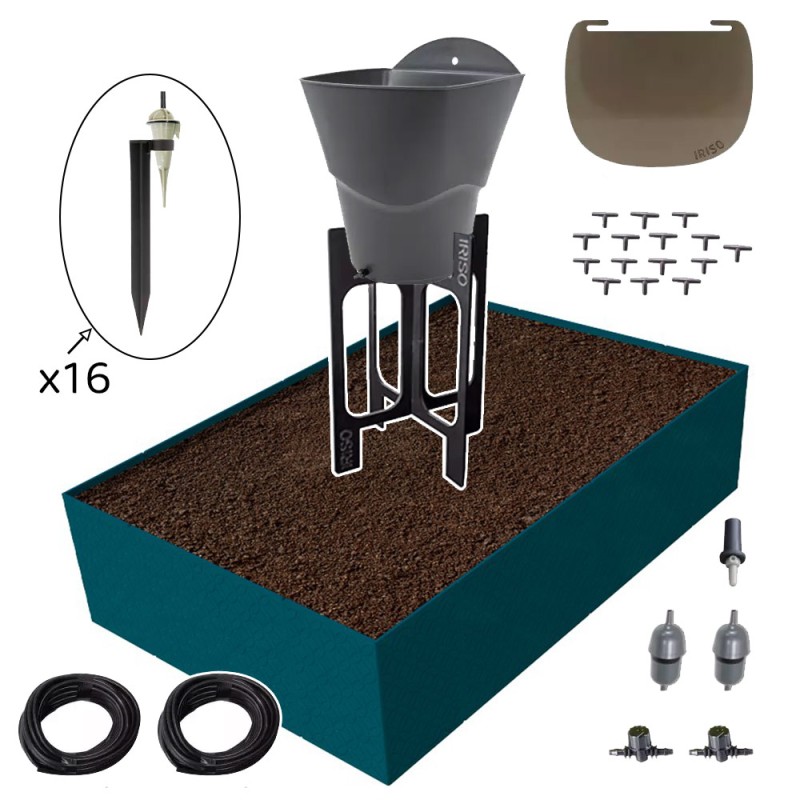 Carré potager 80x120cm - Arrosage autonome goutte à goutte - Kit 16 plants  - Couleurs: Bleu paon